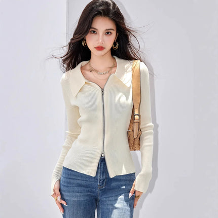 Suéter de punto con cremallera y cuello camisero de mujer