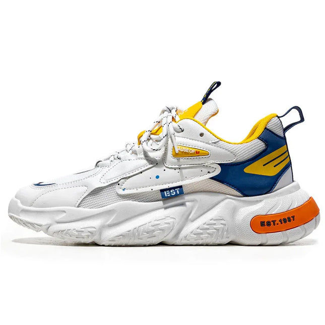 Zapatillas Deportivas Urbanas PACE, confort y estilo en cada paso, en color blanco y azul con detalles amarillos, perfectas para comodidad y estilo.