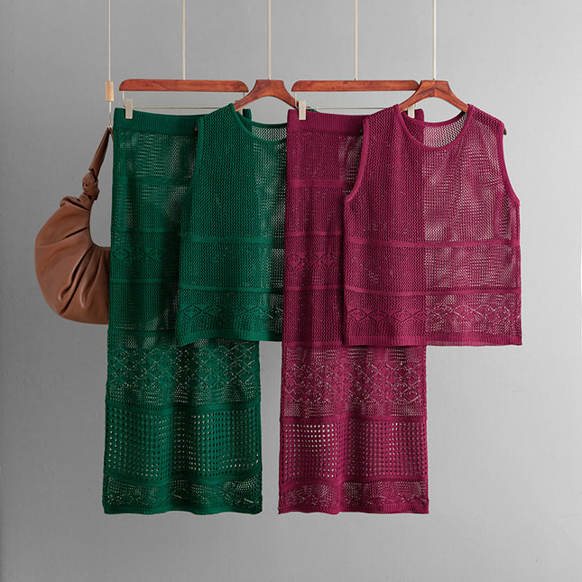 Conjunto de punto sin mangas y cuello redondo para mujer