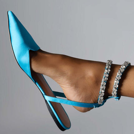Sandalias planas azules de satén con tiras brillantes, estilo minimalista y cómodo, Sandalias planas con tiras
