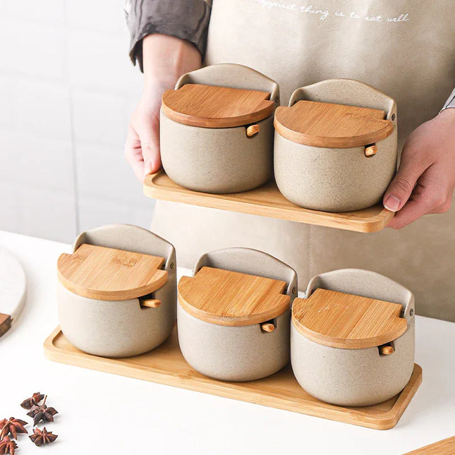 Tarro de cerámica japonesa con tapa de bambú y madera para condimentos - tugranalmacen.com