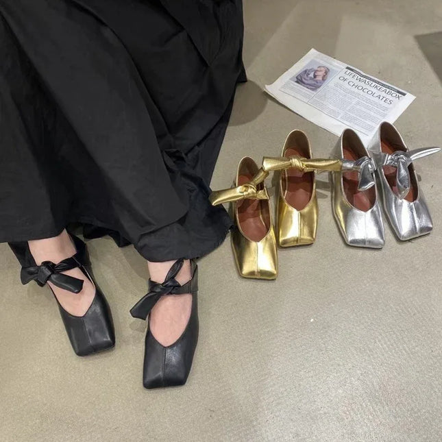 Zapatos Mary Jane planos estilo francés negros cuero lazo frontal
