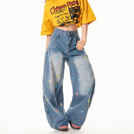 Jeans mujer rectos con bordado de estrellas estilo retro