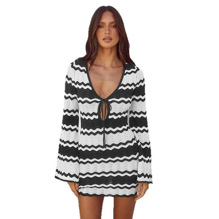 Vestido playero de manga larga con lazo en Blanco/Negro