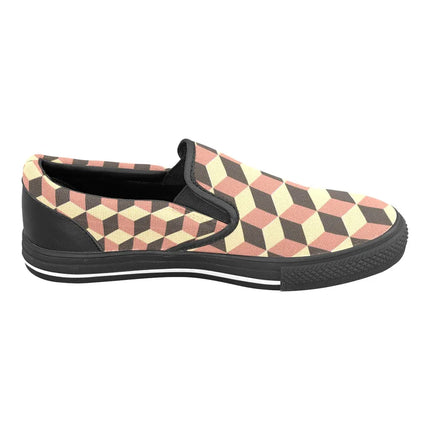 Zapatillas Slip-On Deco cubos pastel, diseño geométrico, tonos beige y rosa, estilo casual, tela y goma