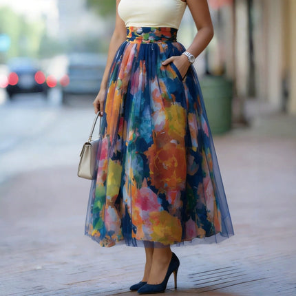 Falda midi con estampado degradado en colores vibrantes
