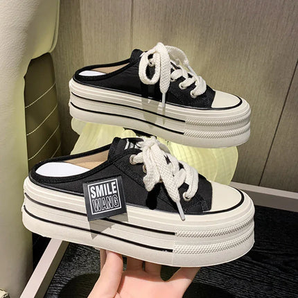 Pantuflas Baotou negras de lona con suela gruesa, estilo casual deportivo con cordones blancos