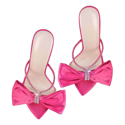 Sandalias de tacón alto y lazo grande para mujer, color rosa, satén, estilo elegante