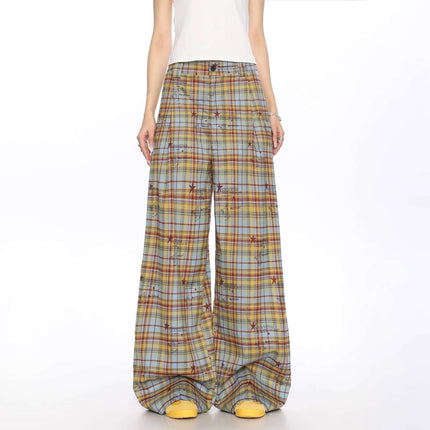 Pantalon casual a cuadros de corte holgado para mujer con cuadros amarillos y azules, cómodo y moderno.