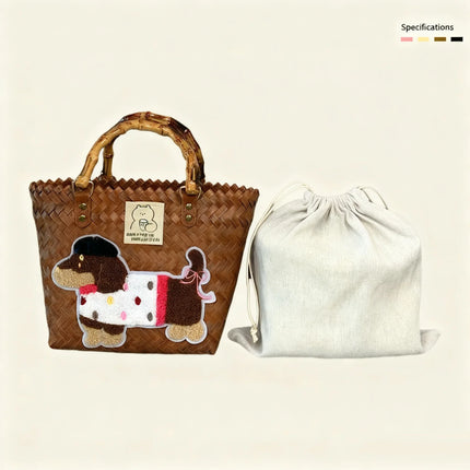Large capacity sausage dog hand woven cabbage basket rattan woven handbag office miscellaneous carry bag picnic women's bag - tugranalmacen.com
