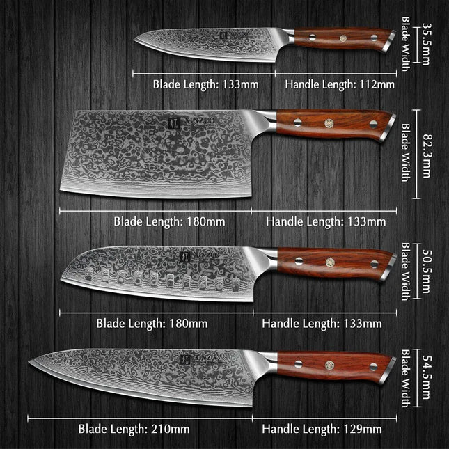 Juego de 4 cuchillos de cocina XINZUO, núcleo VG10, acero de Damasco - tugranalmacen.com