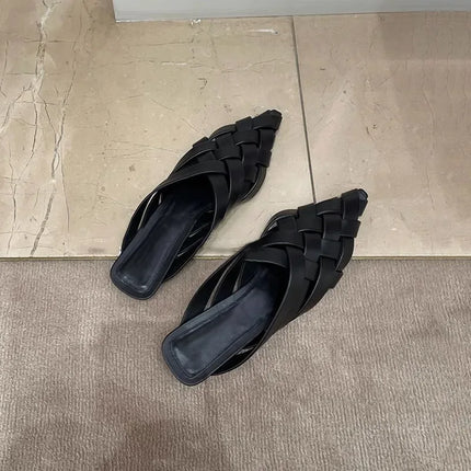 Zapatillas de moda para mujer negras, punta puntiaguda, tejido trenzado, estilo elegante