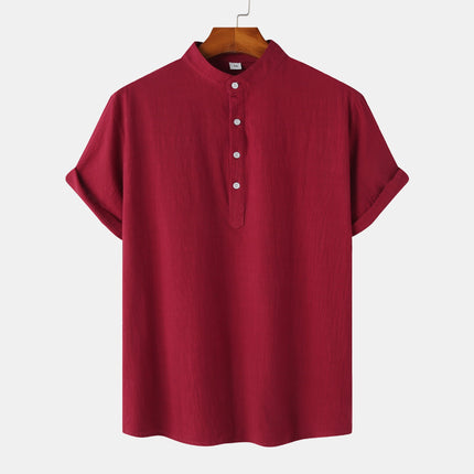 Camisa de algodón y lino con cuello mao y patrón floral para hombre