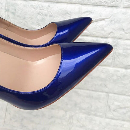 Zapatos de tacón de aguja en charol azul oscuro para mujer, estilo elegante
