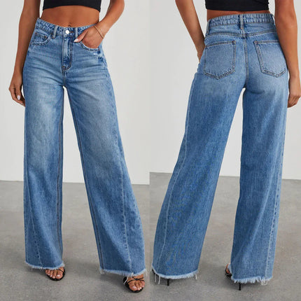 Jeans Wide Leg mujer-Vaqueros tiro medio bajos deshilachados