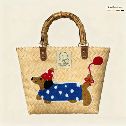 Large capacity sausage dog hand woven cabbage basket rattan woven handbag office miscellaneous carry bag picnic women's bag - tugranalmacen.com
