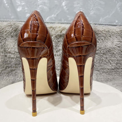 Zapatos de tacón color café efecto cocodrilo para mujer, elegantes y modernos