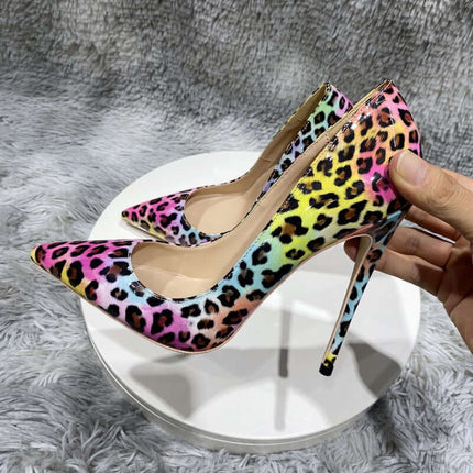Zapatos de tacón alto con estampado de leopardo rosa mujer, multicolor, charol, estilo elegante