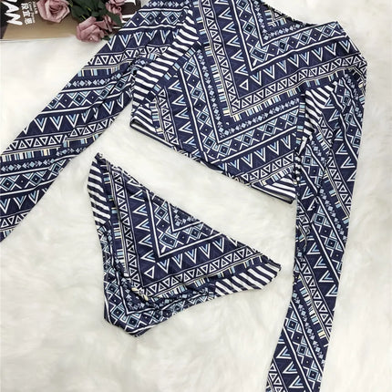 Conjunto de natación azul oscuro estampado manga larga