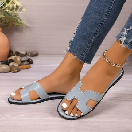 Sandalias de una sola pieza, color azul claro, cuero sintético, estilo casual, cómodas y de suela plana