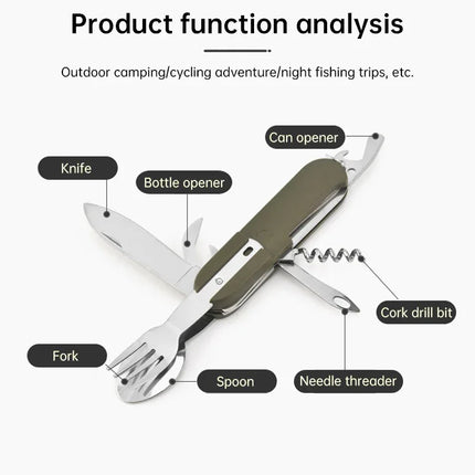 7-in-1 multifunctional stainless steel foldable outdoor camp tableware: fork, spoon, knife. Survival tools for picnic, camping. - tugranalmacen.com