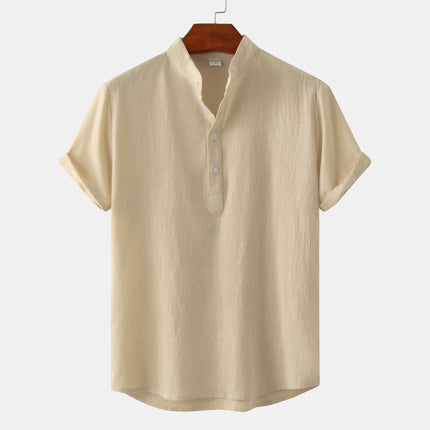 Camisa de algodón y lino con cuello mao y patrón floral para hombre
