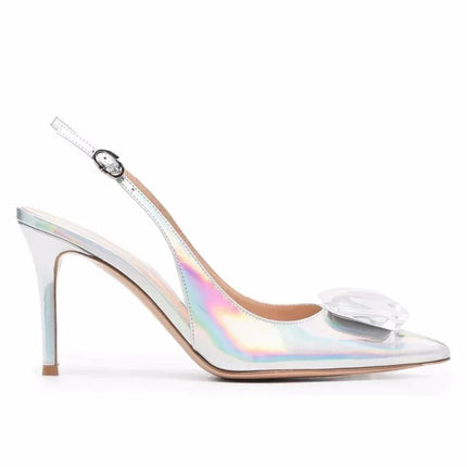 Zapatos Stiletto sencillos con punta de diamante de agua, plateados, material iridiscente, estilo elegante