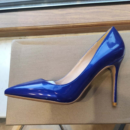 Zapatos de tacón de aguja en charol azul oscuro para mujer, estilo elegante