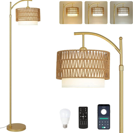 Lámpara de pie dorado, control remoto y bombilla LED regulable - tugranalmacen.com