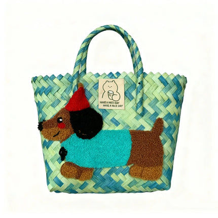 Large capacity sausage dog hand woven cabbage basket rattan woven handbag office miscellaneous carry bag picnic women's bag - tugranalmacen.com