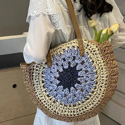 Paper rope hollow out colorful round plate grass woven bag casual beach bag one shoulder fashionable woven bag - tugranalmacen.com