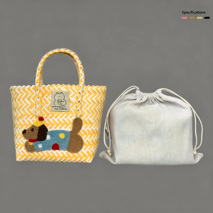 Large capacity sausage dog hand woven cabbage basket rattan woven handbag office miscellaneous carry bag picnic women's bag - tugranalmacen.com
