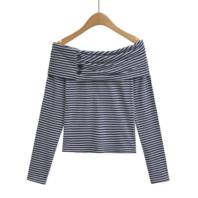 Camiseta a rayas con botones, de manga larga y hombros descubiertos - tugranalmacen.com