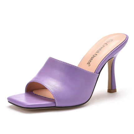 Sandalias Crystal Queen moradas de tacón alto, punta cuadrada, material sintético, estilo elegante