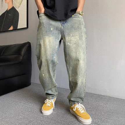 Pantalones vaqueros holgados de estilo informal de invierno para hombre, lavados, vintage, con salpicaduras, rectos, de gran tamaño, versátiles y cóni - tugranalmacen.com