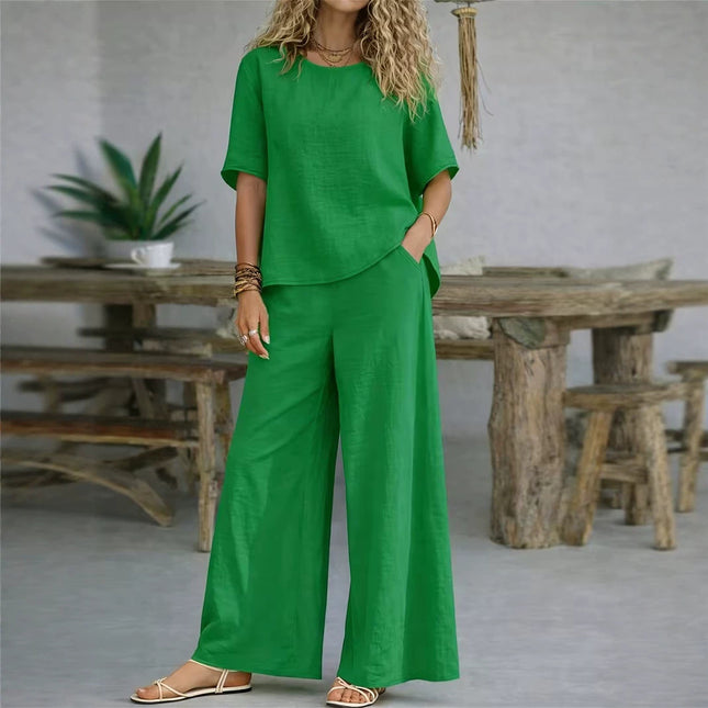 Conjunto de dos piezas con pantalones anchos de lino y algodón