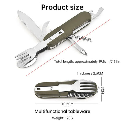7-in-1 multifunctional stainless steel foldable outdoor camp tableware: fork, spoon, knife. Survival tools for picnic, camping. - tugranalmacen.com