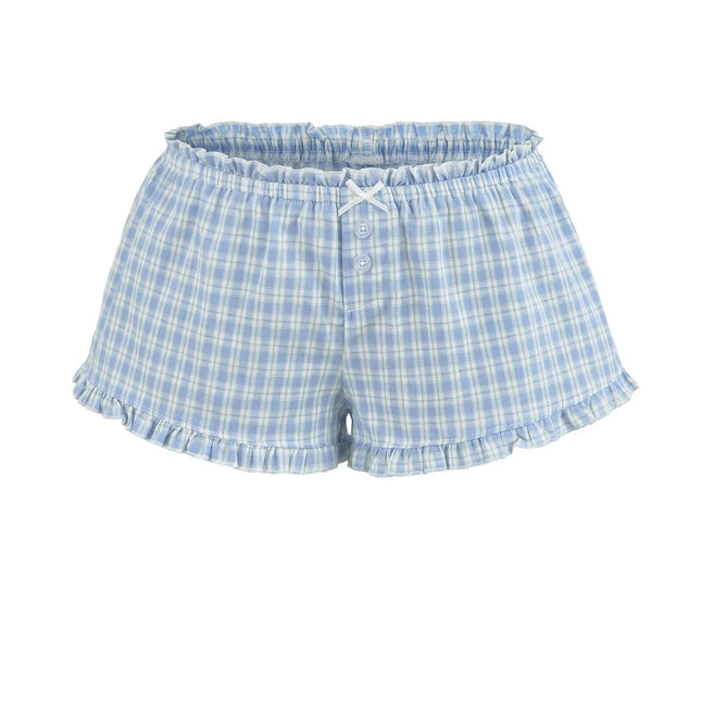 Shorts de cuadros azules, cintura alta y pierna ancha