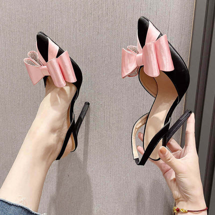 Sandalias de tacón con pajarita, negro y rosa, satén, elegantes, Sandalias de tacón con pajarita y combinación de colores