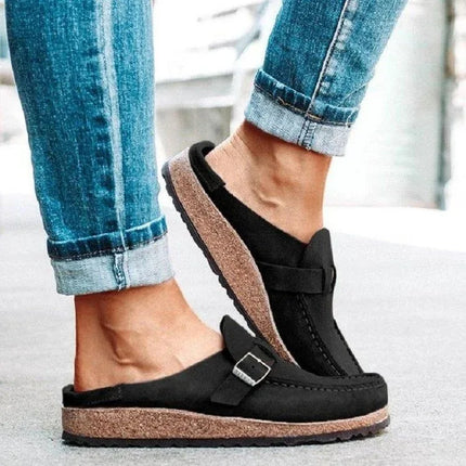 Mocasines de ante vegano con hebilla en negro, estilo casual, suela de corcho