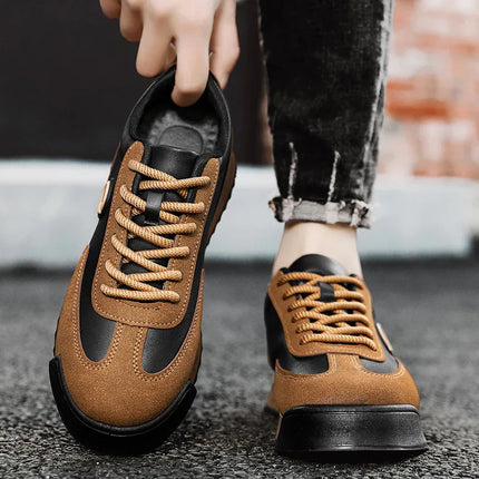 Zapatillas Streetwear Retro Urban en colores marrón y negro, con detalles en gamuza y cuero sintético para un look moderno.