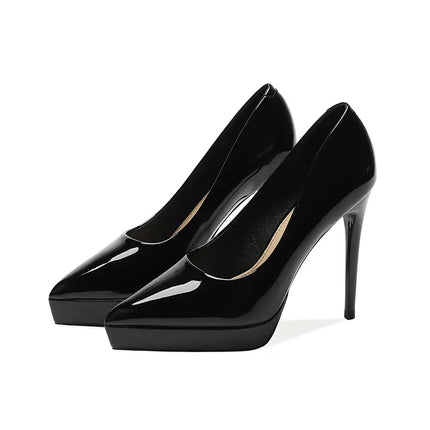 Zapatos Stiletto de tacón de aguja con plataforma, color negro, charol brillante, elegantes y sofisticados