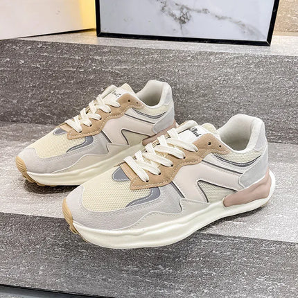 Zapatillas casuales de mujer con suela Flex beige y gris de tela y cuero sintético estilo deportivo