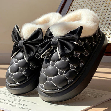 Pantuflas negras de algodón y terciopelo con lazo, estilo acolchado Fun-Mingsheng