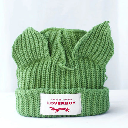 Gorro de lana con orejas engrosadas de doble capa, gorro de punto cálido de color sólido para otoño e invierno. - tugranalmacen.com