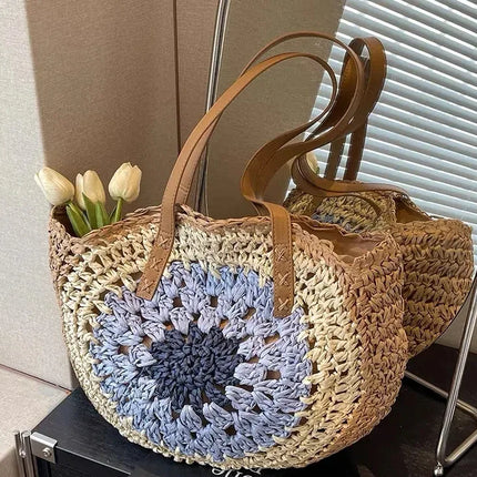 Paper rope hollow out colorful round plate grass woven bag casual beach bag one shoulder fashionable woven bag - tugranalmacen.com