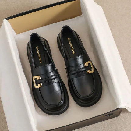 Zapatos de tacón grueso estilo británico, negros, cuero, diseño elegante