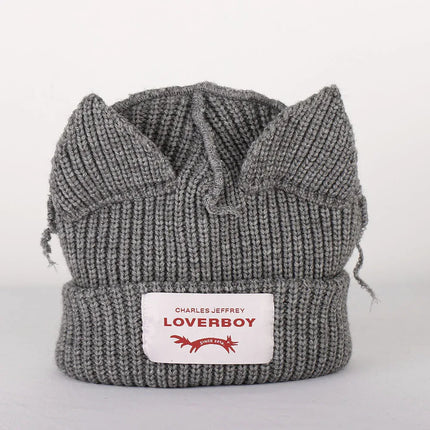 Gorro de lana con orejas engrosadas de doble capa, gorro de punto cálido de color sólido para otoño e invierno. - tugranalmacen.com