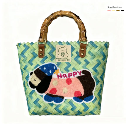 Large capacity sausage dog hand woven cabbage basket rattan woven handbag office miscellaneous carry bag picnic women's bag - tugranalmacen.com