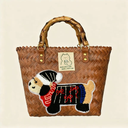 Large capacity sausage dog hand woven cabbage basket rattan woven handbag office miscellaneous carry bag picnic women's bag - tugranalmacen.com